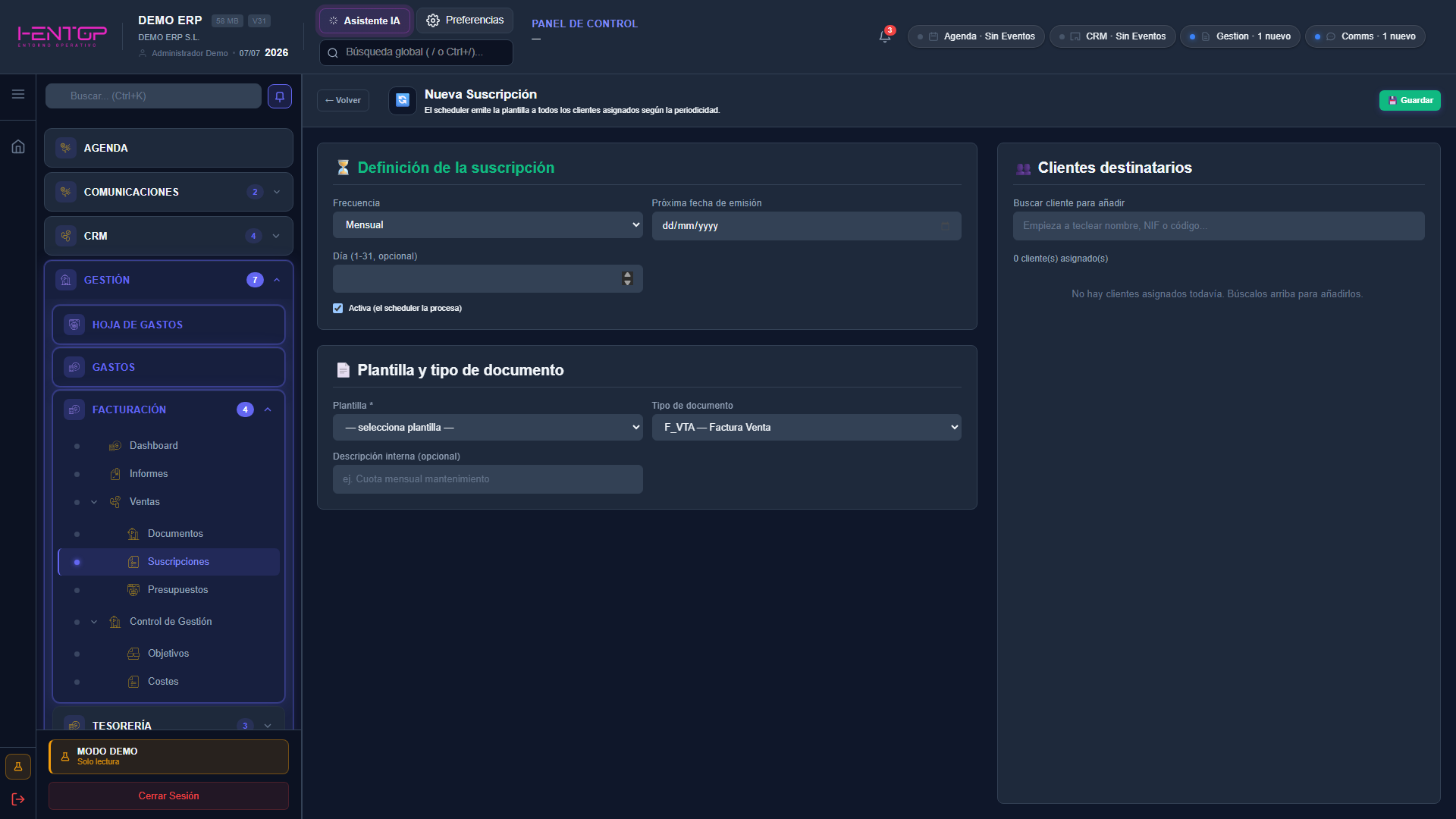 Pantalla Nueva Suscripción