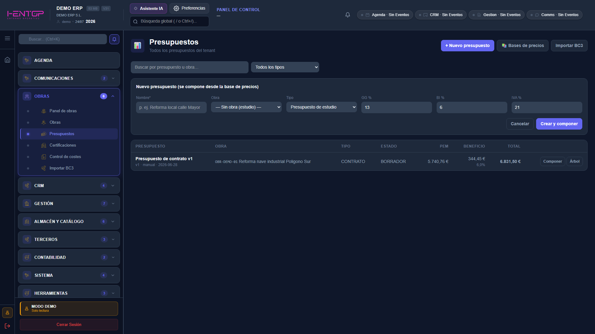 Formulario de alta de un presupuesto